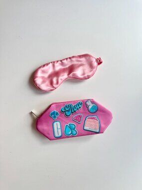New CLINIQUE Pink Glow Satin Toiletry Cosmetic Bag w/ Satin Eye Mask
